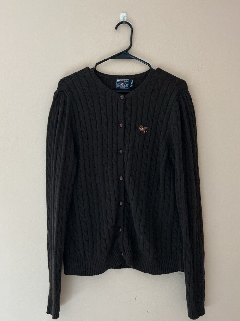 Vintage American Living Brown Cable Knit Cardigan with Embroidered Detail